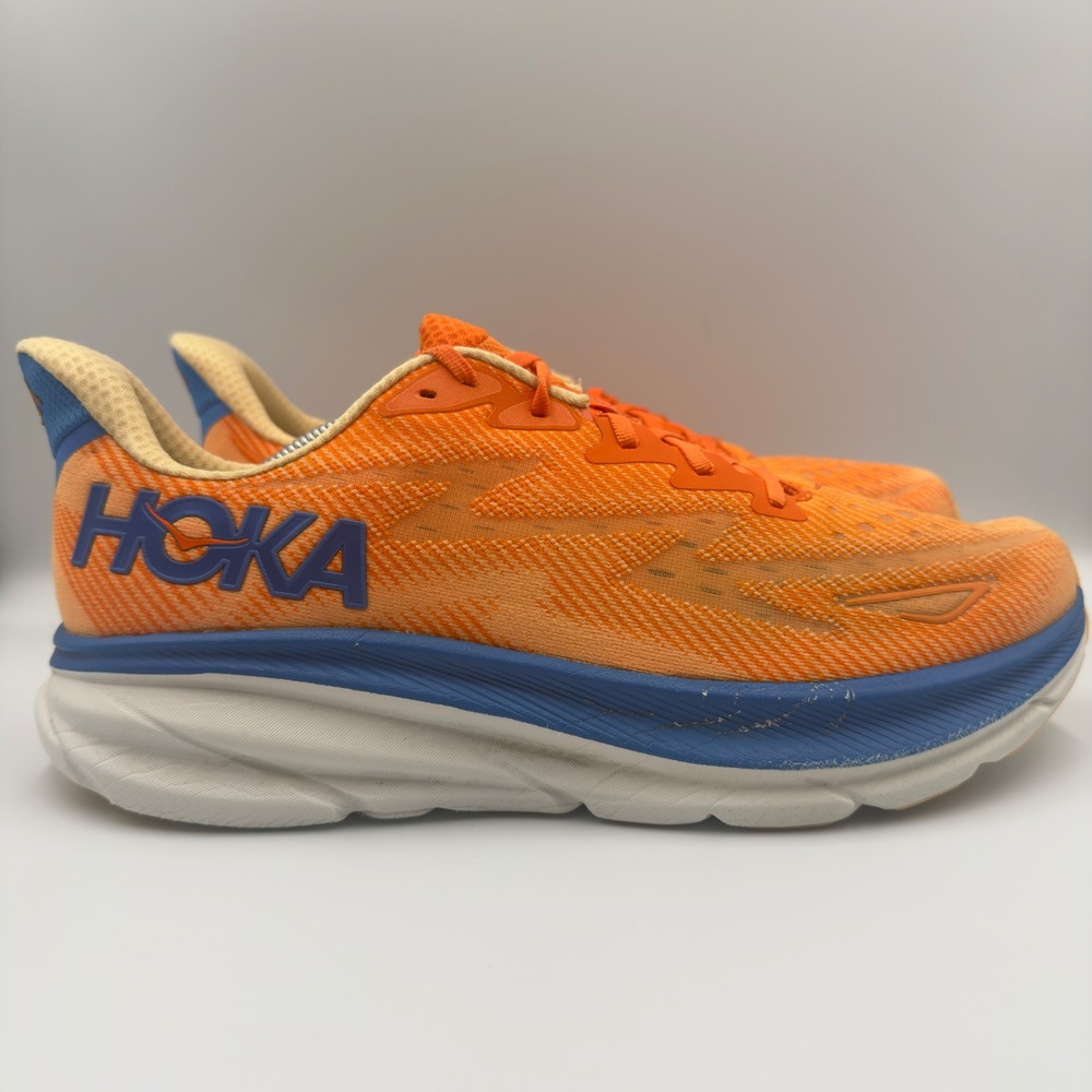 Hoka One One Clifton 9 Mens Size 12.5 Running Shoes Sneakers 1127895 Orange Blue
